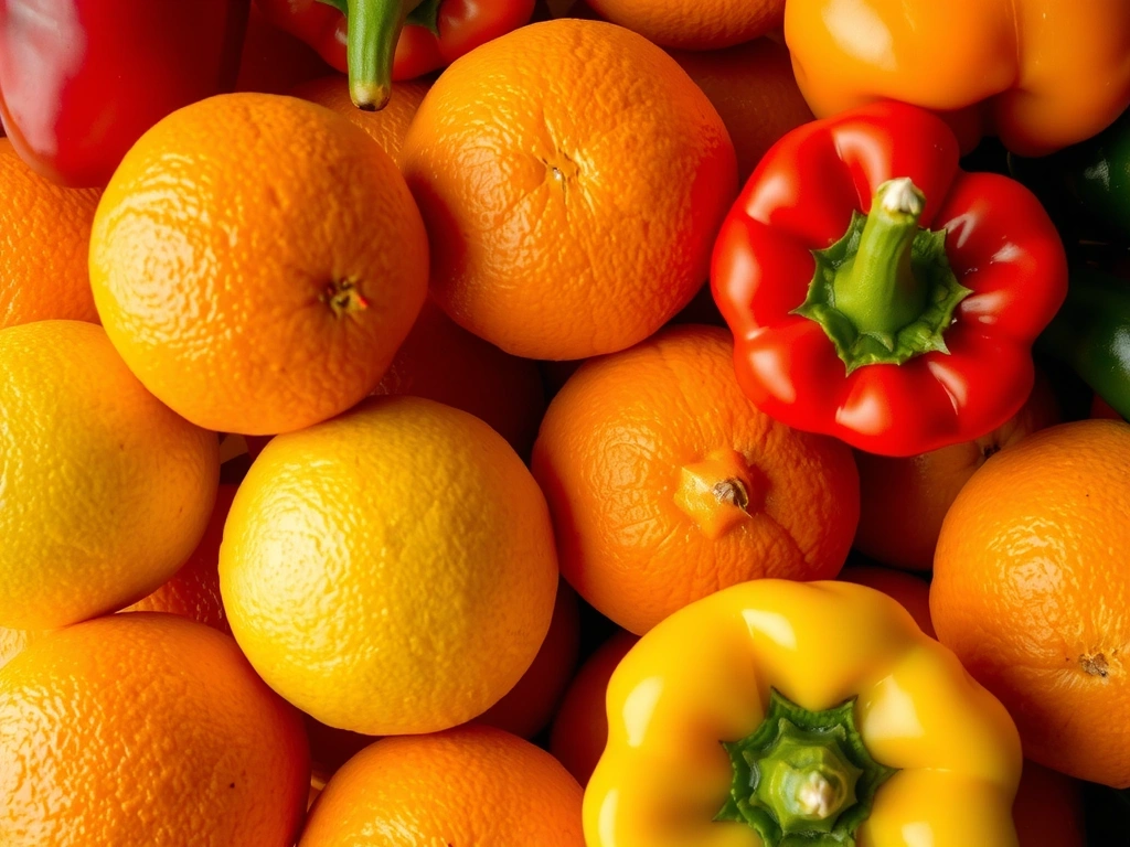 Cítricos variados como naranjas y limones, junto a pimientos de colores, ricos en Vitamina C